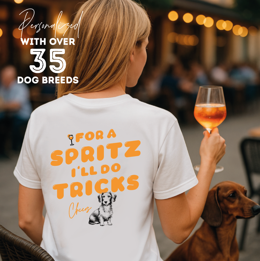 Organic T-Shirt: "For a Spritz I'll do Tricks" Favorite Dog