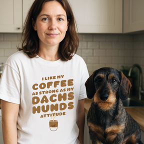 Unisex T-Shirt: „I like my coffee as strong as my dachshunds attitude"